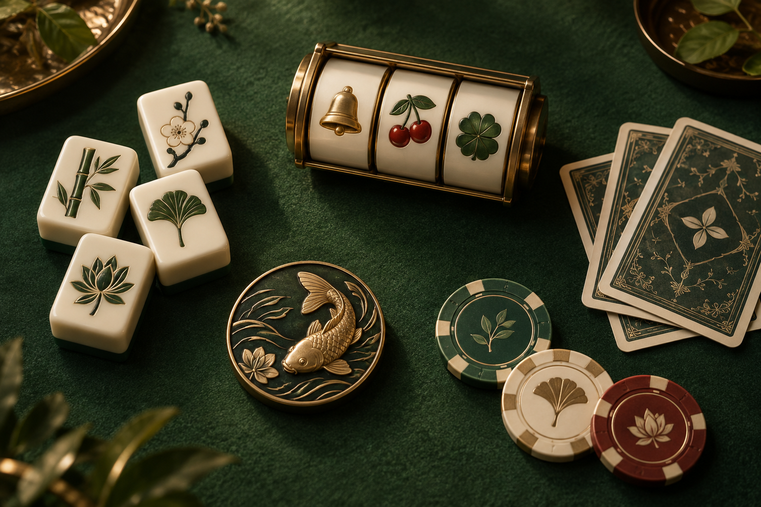 Ilustrasi gulungan slot, ubin mahjong, kartu, dan keping di meja hijau