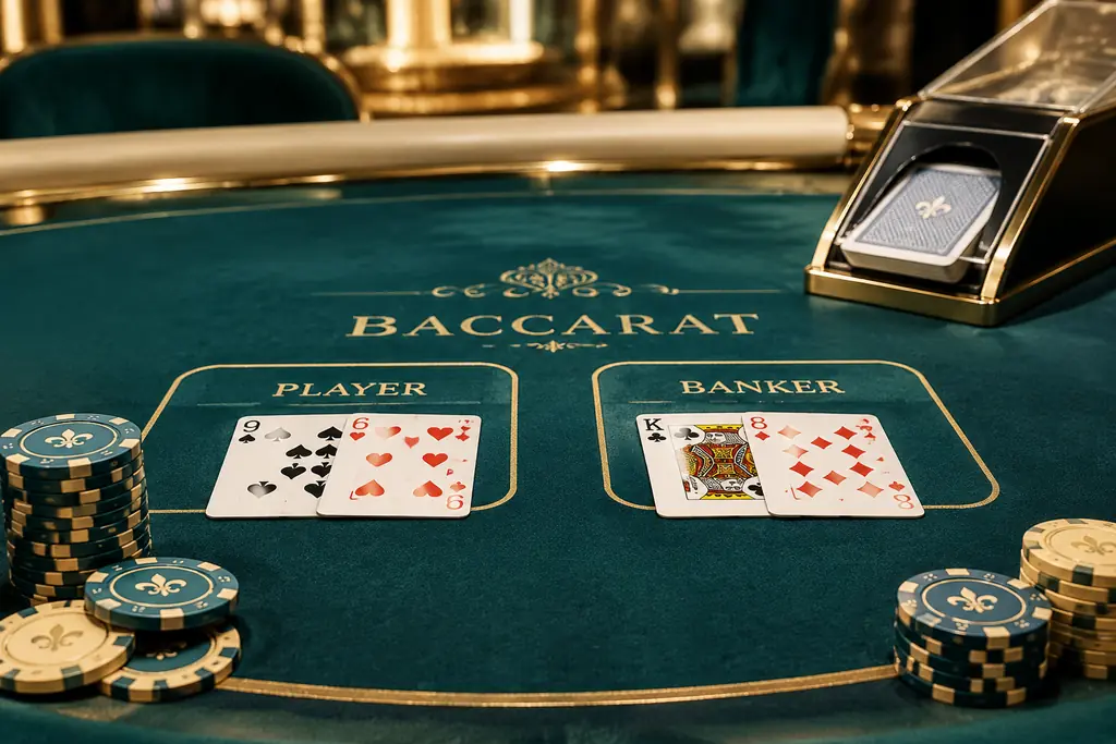 Sepatu kartu dan dua tangan baccarat di meja kasino