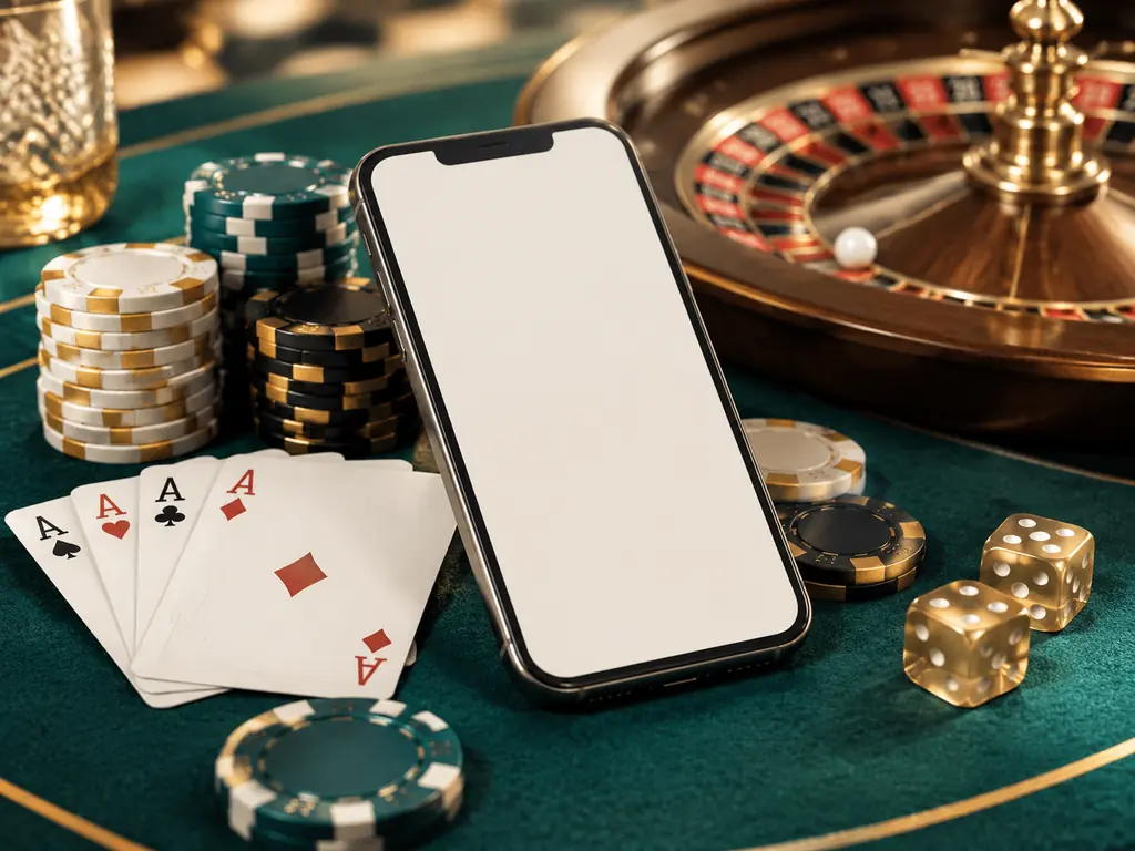 Ponsel tanpa data pribadi di samping kartu dan chip kasino